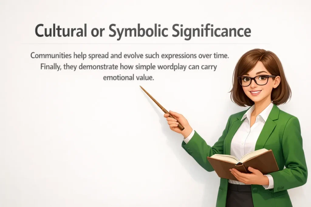 Communities help spread and evolve such expressions over time. Finally, they demonstrate how simple wordplay can carry emotional value.