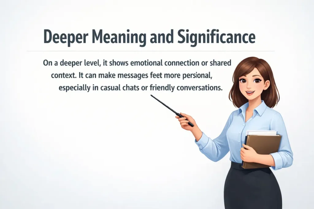 On a deeper level, it shows emotional connection or shared context. It can make messages feel more personal, especially in casual chats or friendly conversations.